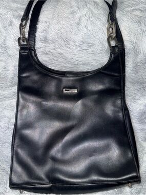 Guess Black Leather Hobo Bag with Silver Logo Plaque